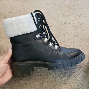 Black Lace-Up Faux Shearling Combat Boot for Women